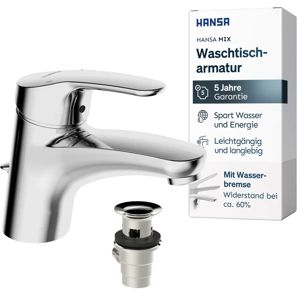 hansa-mix-waschtischarmatur-mit-wasserbremse-und-ablaufgarnitur-chrom image 1