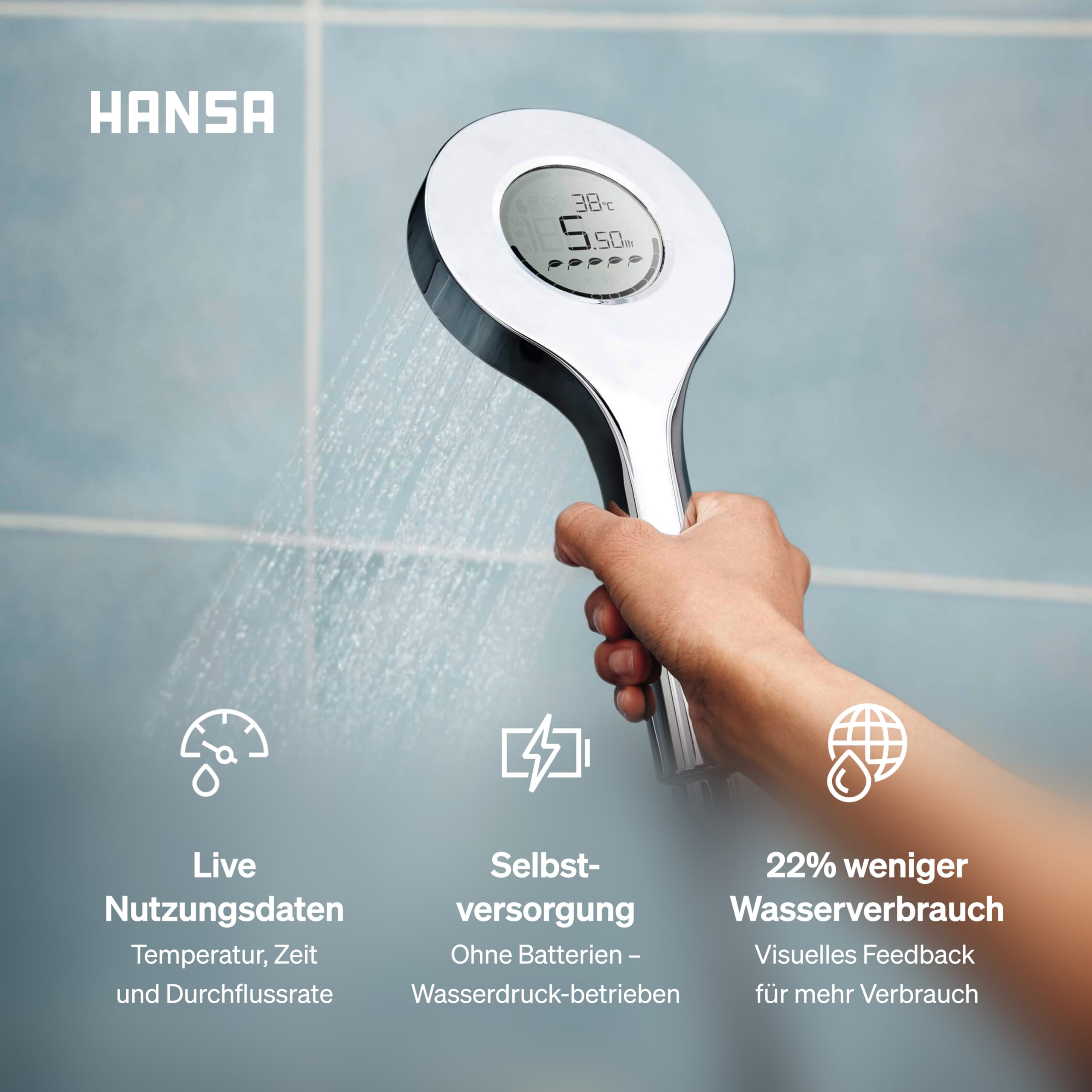 hansa-activejet-digital-duschkopf-120-mm-bluetooth-led-anzeige-wassersparend-chr image 2