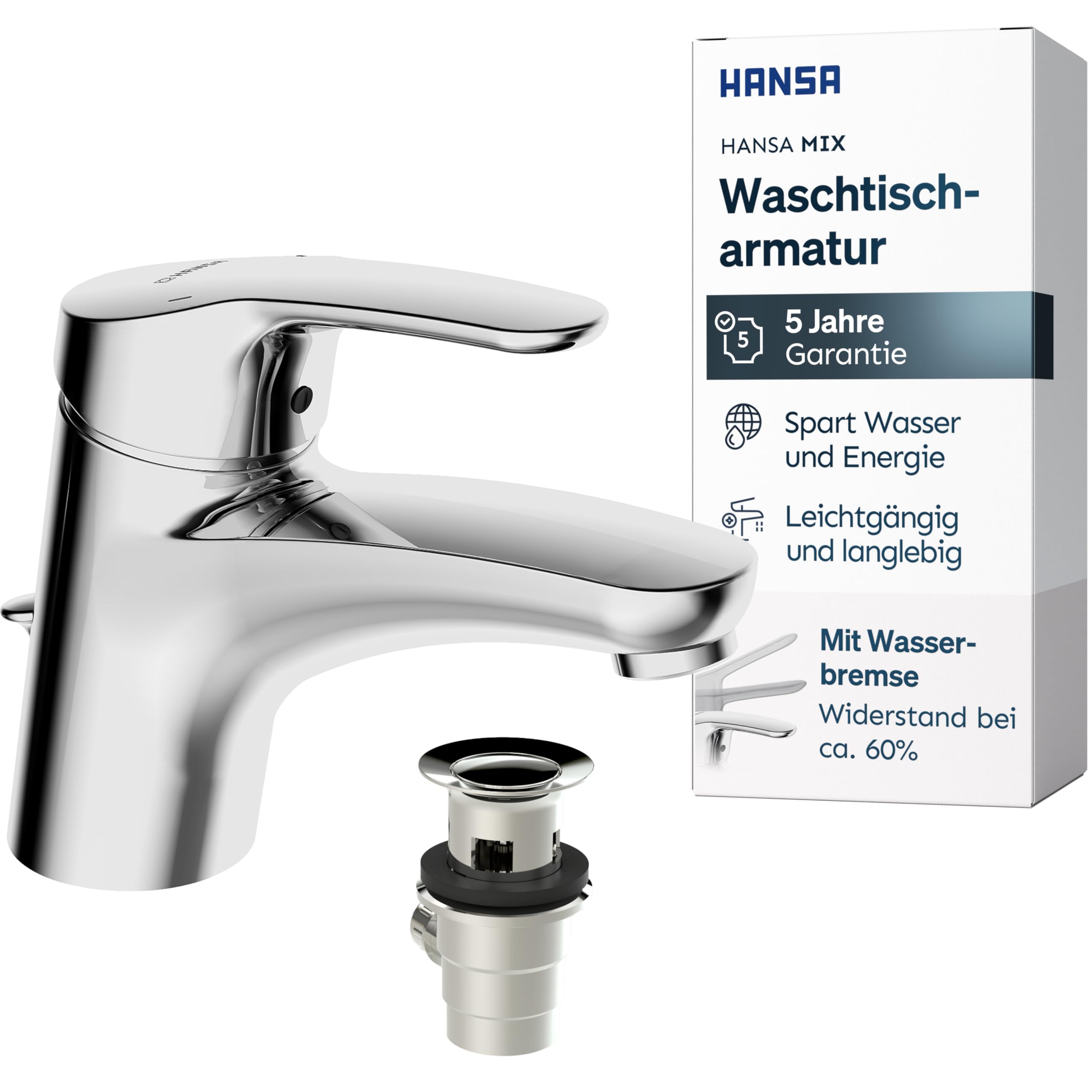 hansa-mix-waschtischarmatur-mit-wasserbremse-und-ablaufgarnitur-chrom image 1